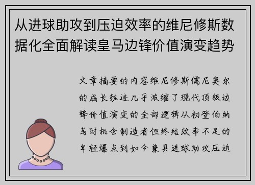从进球助攻到压迫效率的维尼修斯数据化全面解读皇马边锋价值演变趋势