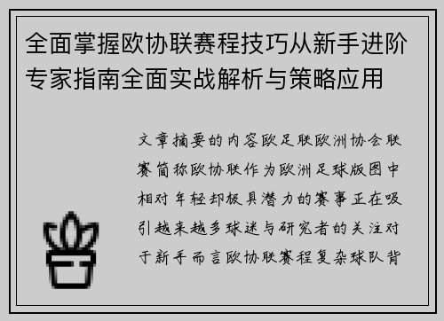 全面掌握欧协联赛程技巧从新手进阶专家指南全面实战解析与策略应用